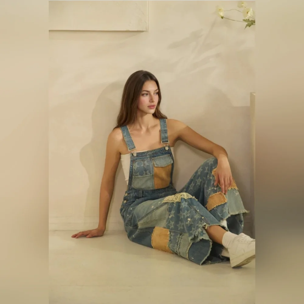 #1374 Oli & Hali Boho Starlight Patchwork Wide-Leg Denim Overalls - Picture 7 of 8